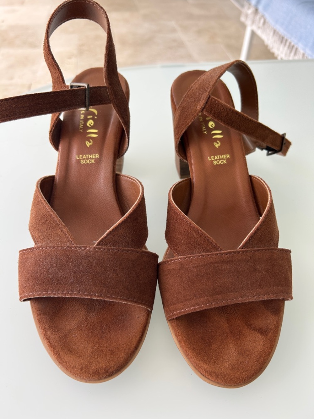 Mariella Chestnut Suede Cross-Strap Block Heel Sandals